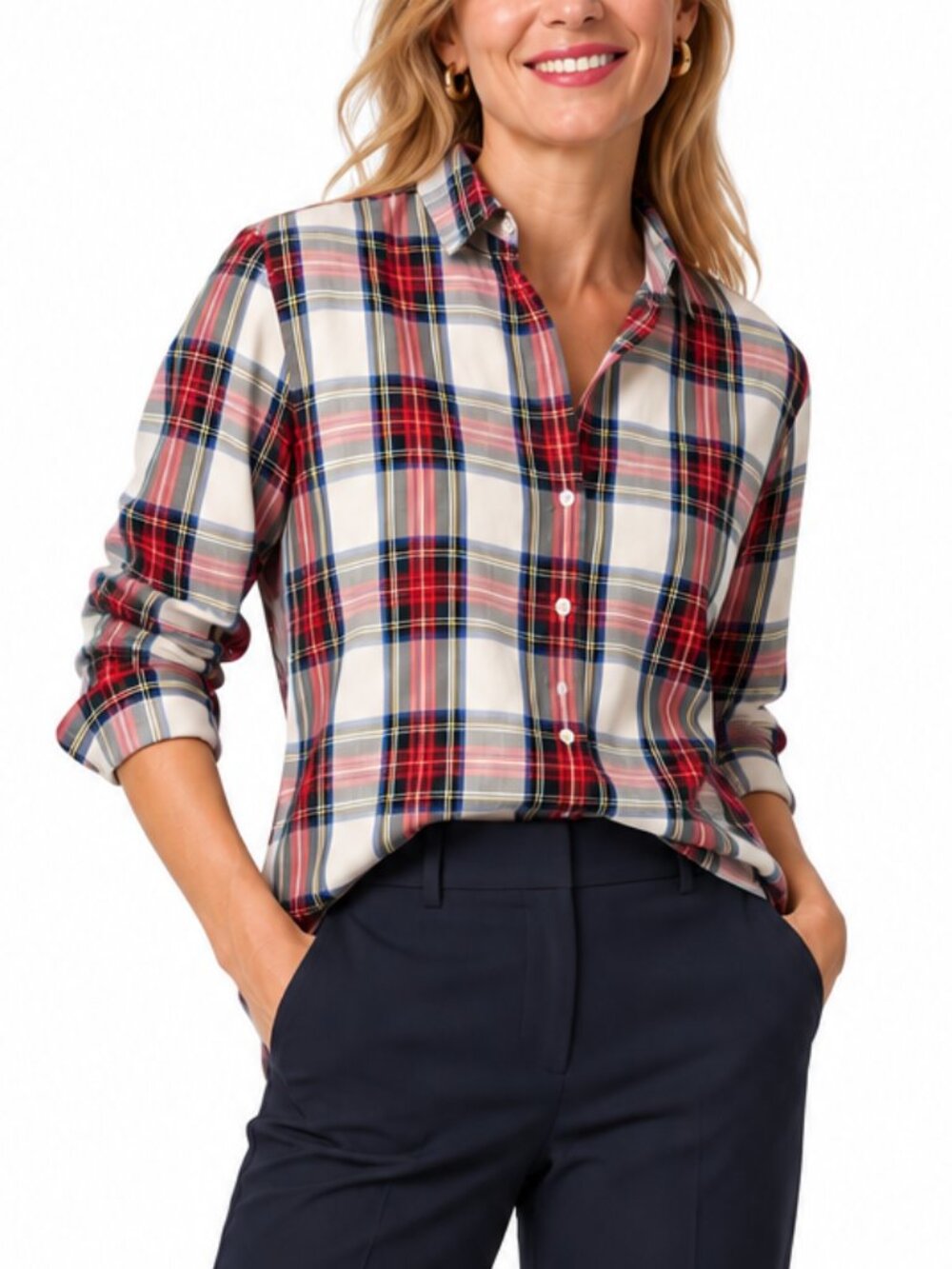 J.Crew Tartan Modern Button-Down Plaid Cotton Shirt Red Navy Women's Size L